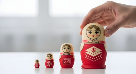 A person's hand arranging red Russian nesting dolls in ascending order. A concept for business structure, hierarchy, and growth.