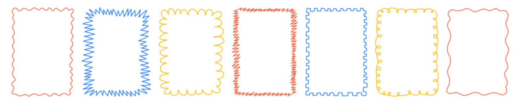 Set of colorful abstract hand-drawn frame borders with playful line shapes. Doodle style decorative elements. Kids design and creative layout concept