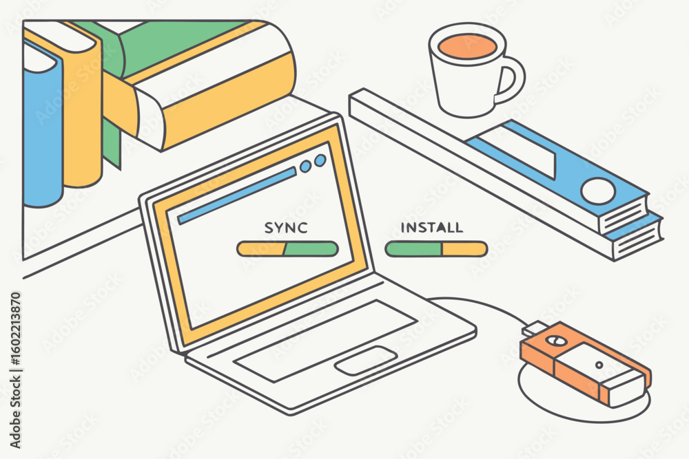 Poster syncing files and installing software on a laptop with a steaming cup of coffee nearby and books on 