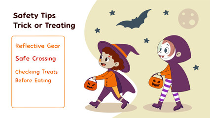 Halloween safety tips for trick or treating including reflective gear safe crossing and checking treats before eating with cartoon children