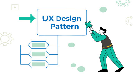 Illustrative graphic depicting a person applying a ux design pattern to a flowchart symbolizing the creation and implementation of user experience strategies for digital products and interfaces