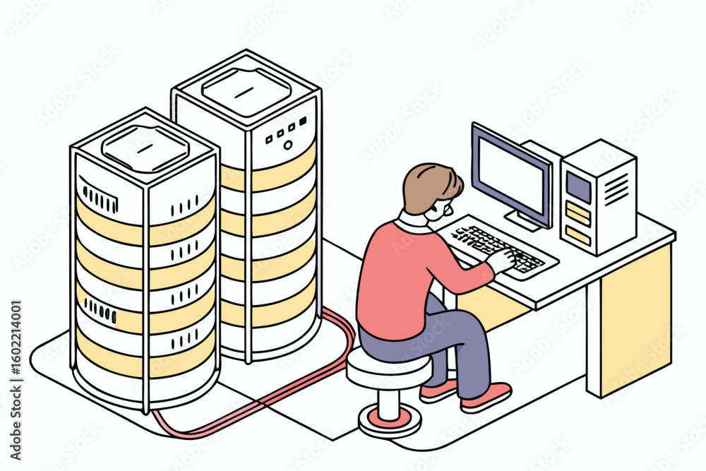 Poster data center technician working at a computer station surrounded by server racks during a busy daytim