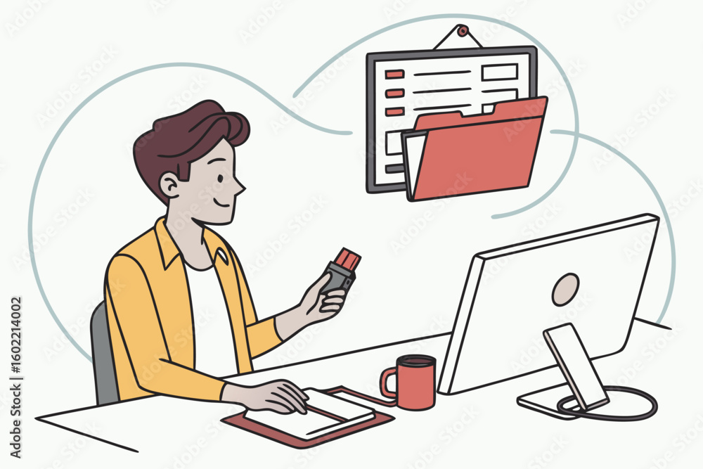 Poster young man working at a desk while holding a credit card and using a computer for online transactions