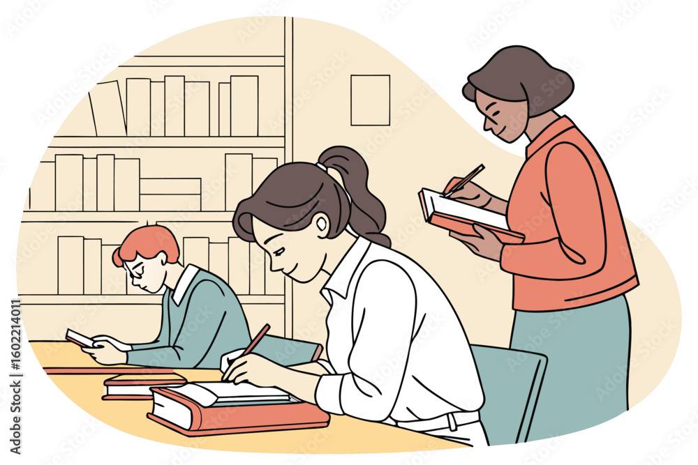 Poster students engaged in studying and note-taking in a quiet library setting during the afternoon, surrou