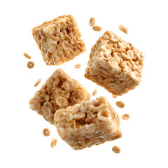Floating rice cereal treats and grains isolated on transparent background