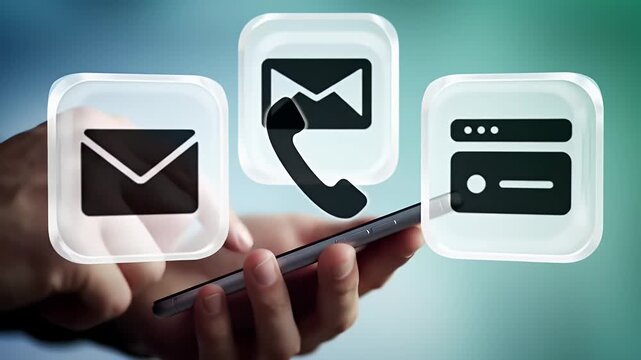 Hand Holding Smartphone with Contact Icons Communication Concept with a Blurred Background Featuring Person Mailbox and Telephone Symbol
