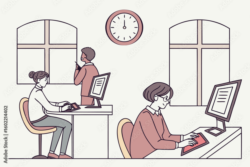Poster office workers engaged in tasks at desks in a bright workspace during daylight, with a clock on the 