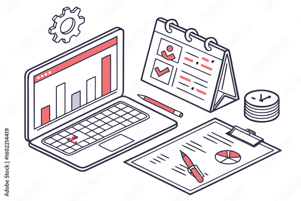 Poster modern workspace featuring a laptop with charts, calendar with tasks, clipboard with pie chart, and 