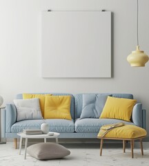 Minimalist living room interior with a blue sofa. yellow pillows. and a large blank canvas
