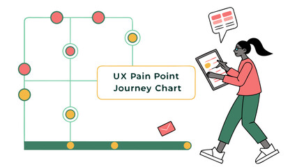 Illustrative depiction of a ux pain point journey chart with a person analyzing the data and a conveyor belt representing the user experience flow