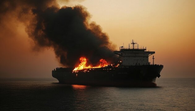 Ominous cargo ship ablaze at sea with billowing smoke, hazy Burning large container ship, fire - Powered by Adobe