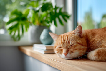 A sleepy orange cat rests peacefully on a wooden surface, with soft sunlight filtering through the window and lush green plants in the background.