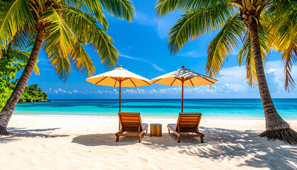 Tropical Beach Relaxation Two Loungers.