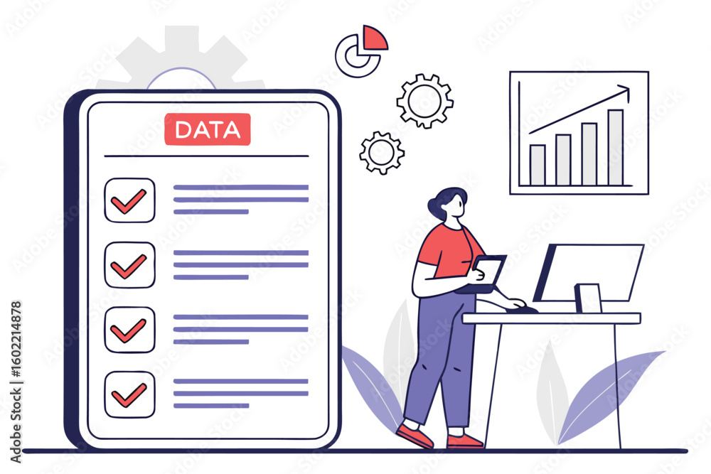 Poster person analyzing data with a checklist while standing at a desk in a modern office environment, surr