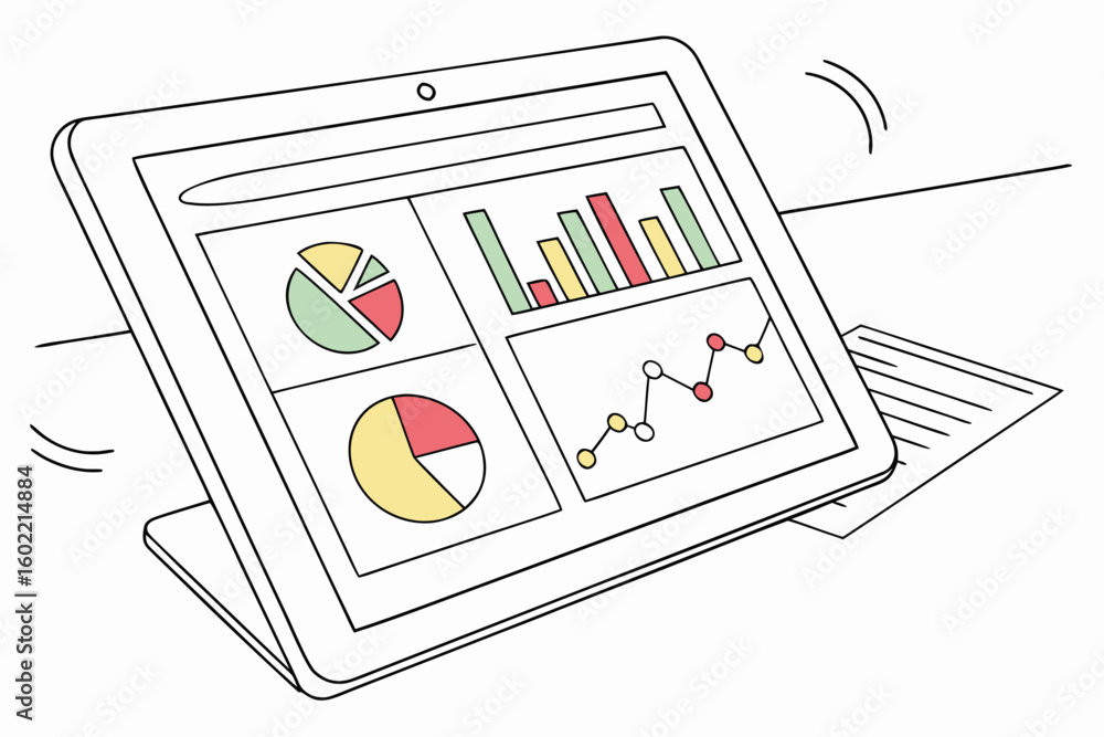 Poster digital tablet displaying colorful graphs and charts while resting on a surface with a paper documen