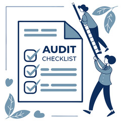 Two people working together to complete an audit checklist one person holding a ladder while the other climbs to mark items off the list