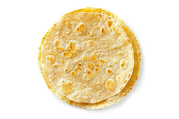 Corn tortillas on white background. Mexican round tortillas.