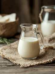 Fototapeta na wymiar Fresh Milk in Glass Pitcher on Rustic Table