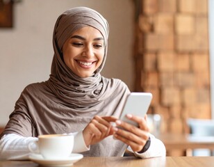 Smiling Muslim woman in hijab using smartphone at coffee shop, casual setting