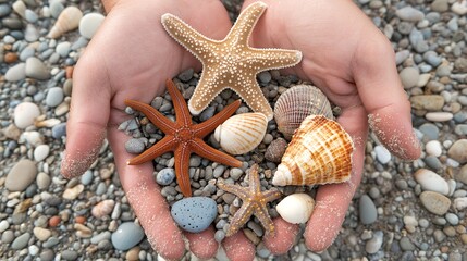 Sandy hands cradle starfish and various seashells, showcasing a beach treasure collection on a pebble shore