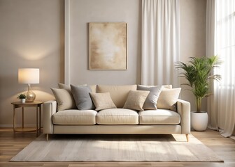 Elegant neutral toned living room with plush sofa decorative pillows and warm ambient lighting