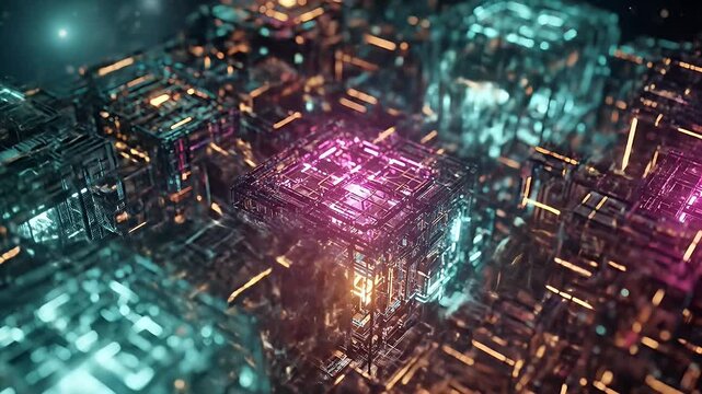 Abstract technological landscape with glowing geometric structures