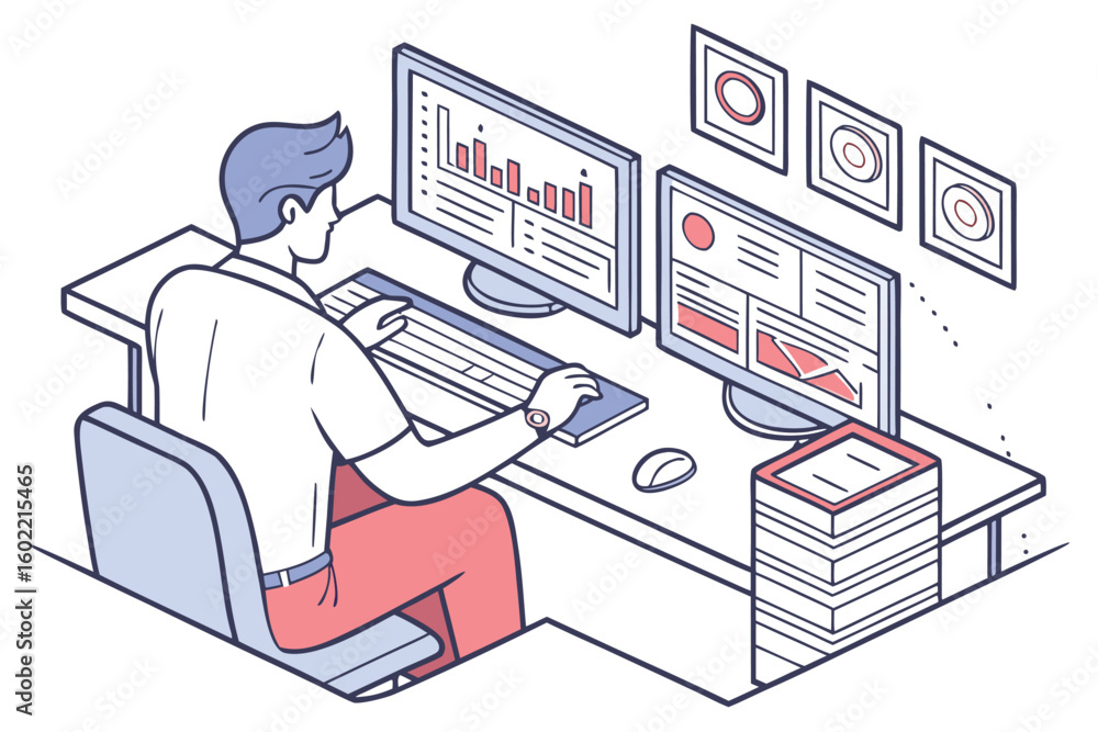 Poster working on data analysis at a modern office desk with dual monitors displaying charts and graphs