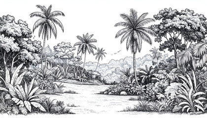 Tropical Jungle Path Sketch.