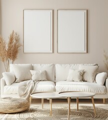 Minimalist living room interior with a white sofa. two empty frames. a coffee table. and a woven pouf