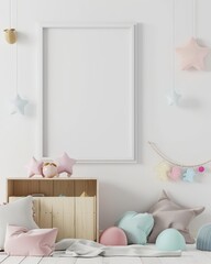 A white wall with a blank frame. a wooden crate. and a white rug with pastel-colored stars. pillows. and a garland