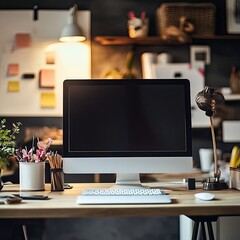 Cozy home office setup with computer, desk lamp, and plants