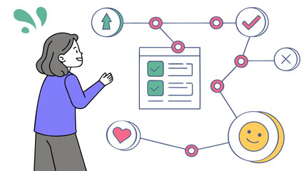 A woman looks at a workflow diagram with a checklist progress indicators and satisfaction icons representing task management and goal achievement