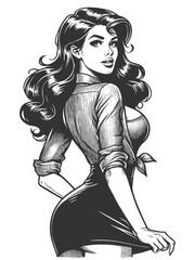 confident woman turning back with a flirty expression, wearing tied blouse and skirt sketch engraving generative ai fictional character vector illustration. Scratch board. Black and white image.