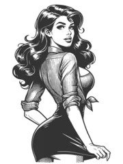 Fotobehang confident woman turning back with a flirty expression, wearing tied blouse and skirt sketch engraving generative ai fictional character vector illustration. Scratch board. Black and white image. © Oleksandr Pokusai