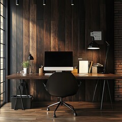 Modern, minimalist home office with wooden desk, chair, and computer against a dark wood-paneled wall. Sunlight streams through a nearby window