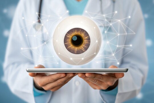 Doctor displaying digital eye hologram white coat stethoscope