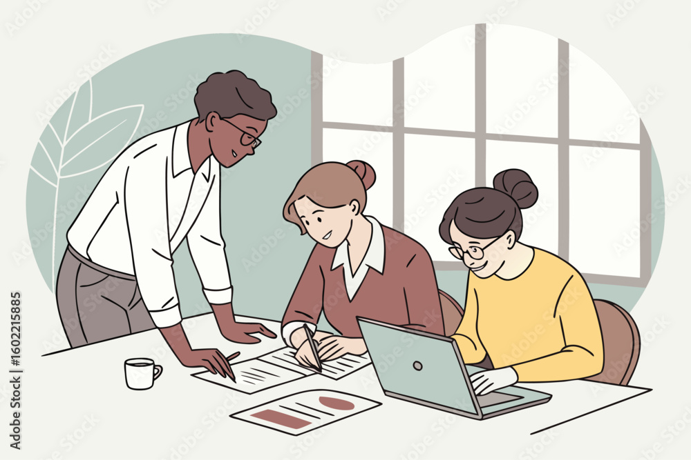 Aufkleber team members collaborate on a project at a workspace during daytime while reviewing documents and di