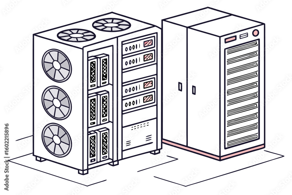 Poster data center equipment illustrating server racks and cooling systems in a modern network setup