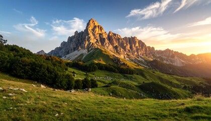 Mountain range at sunset over a valley