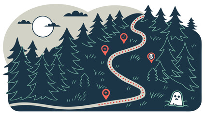 A whimsical illustrated map of a winding forest path marked with red pins and a friendly ghost under a stylized moonlit sky