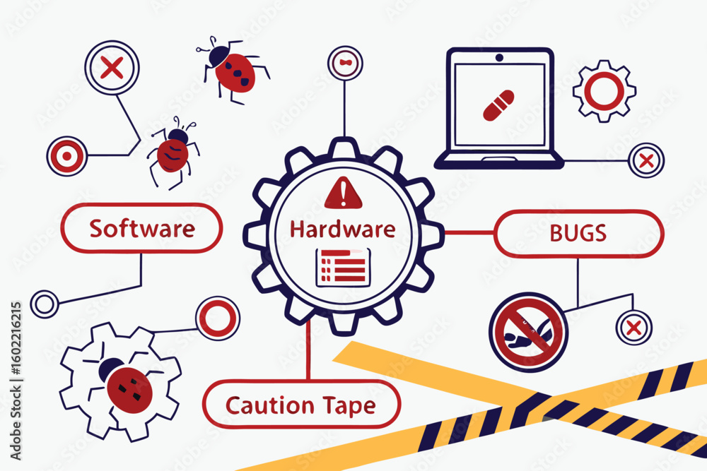 Aufkleber understanding the relationship between software, hardware, and bugs in a tech environment, highlight