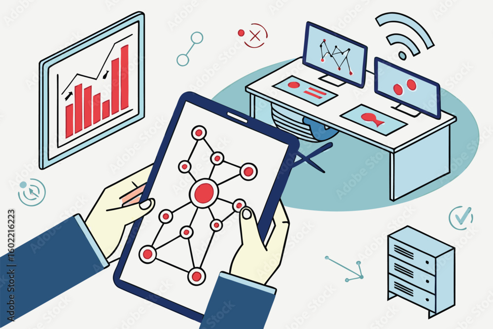 Poster exploring data visualization and analysis tools in a modern office environment for improved decision