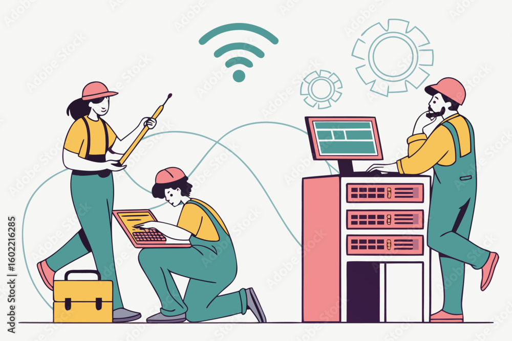 Poster team of technicians working on network equipment in a modern office setting, demonstrating collabora