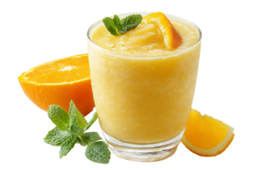 Refreshing chilled summer orange juice splash in crystal‑clear glass with floating ice cubes — ultra‑high‑resolution PNG cutout on seamless transparent background ideal for tropical beverage branding