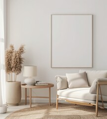 Minimalist living room interior with a white couch. a round wooden table. a lamp. a large empty picture frame. and a dried plant in a pot