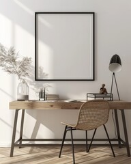 Minimalist home office with a wooden desk. a black framed poster mockup. a wicker chair. and a lamp
