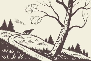 Fototapeta premium Hiking trail with a dog exploring nature on a sunny day surrounded by trees and wildlife in a tranquil outdoor setting