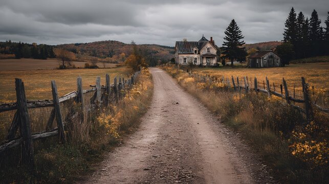 Worn out country road lined yellowing grass and broken wood fences overgrown field on one side and abandoned rural house on the other captured in muted autumn tones