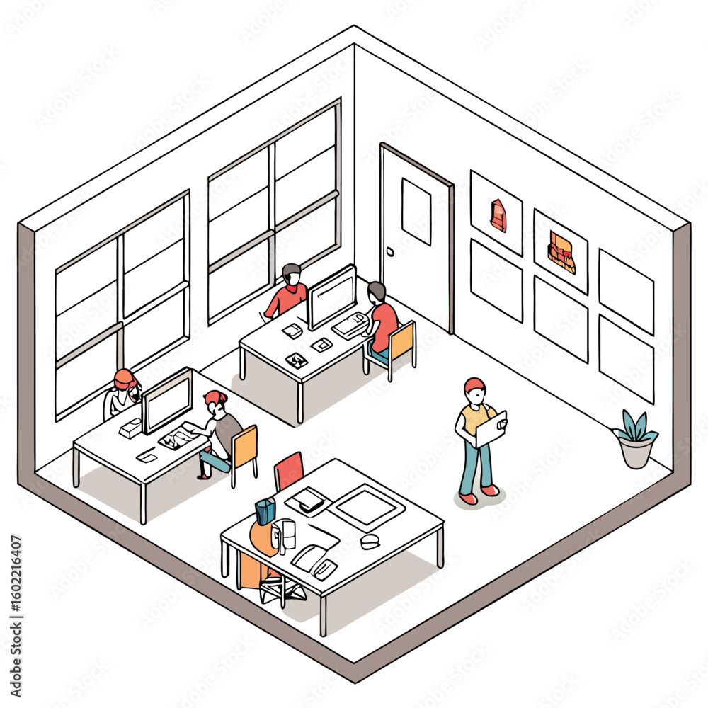 Aufkleber isometric view of a modern office space with people working at desks collaborating and focusing on c