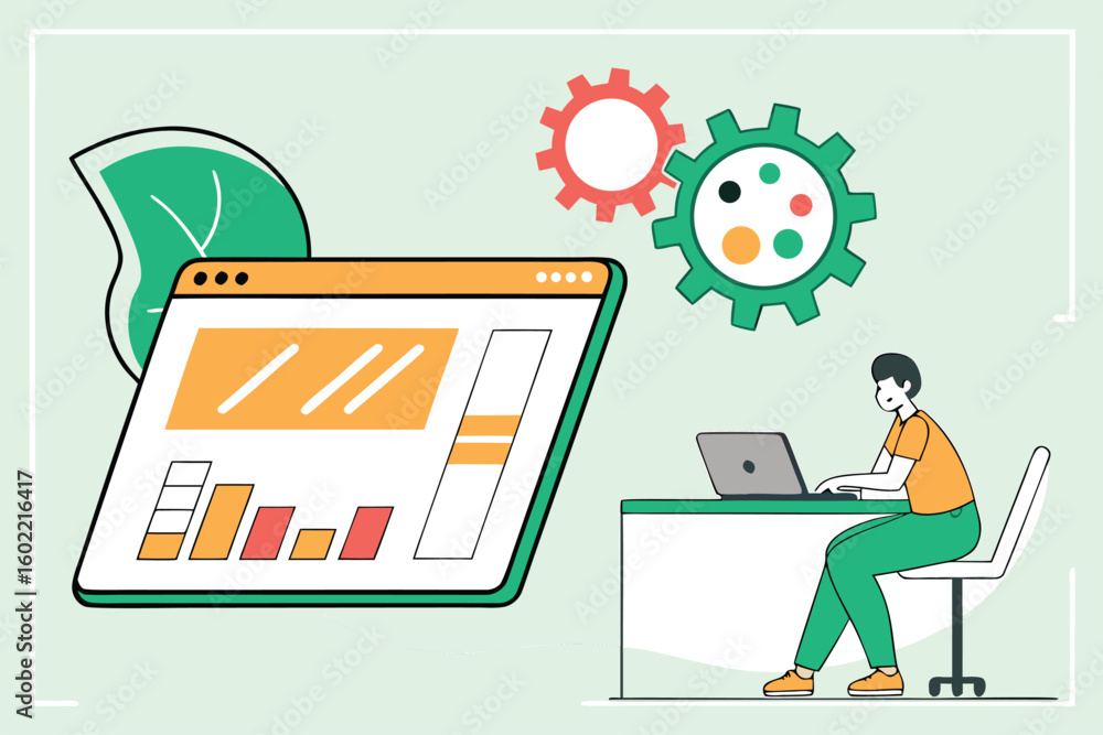 Poster person working on laptop in a modern workspace with colorful charts and gears showing data analysis